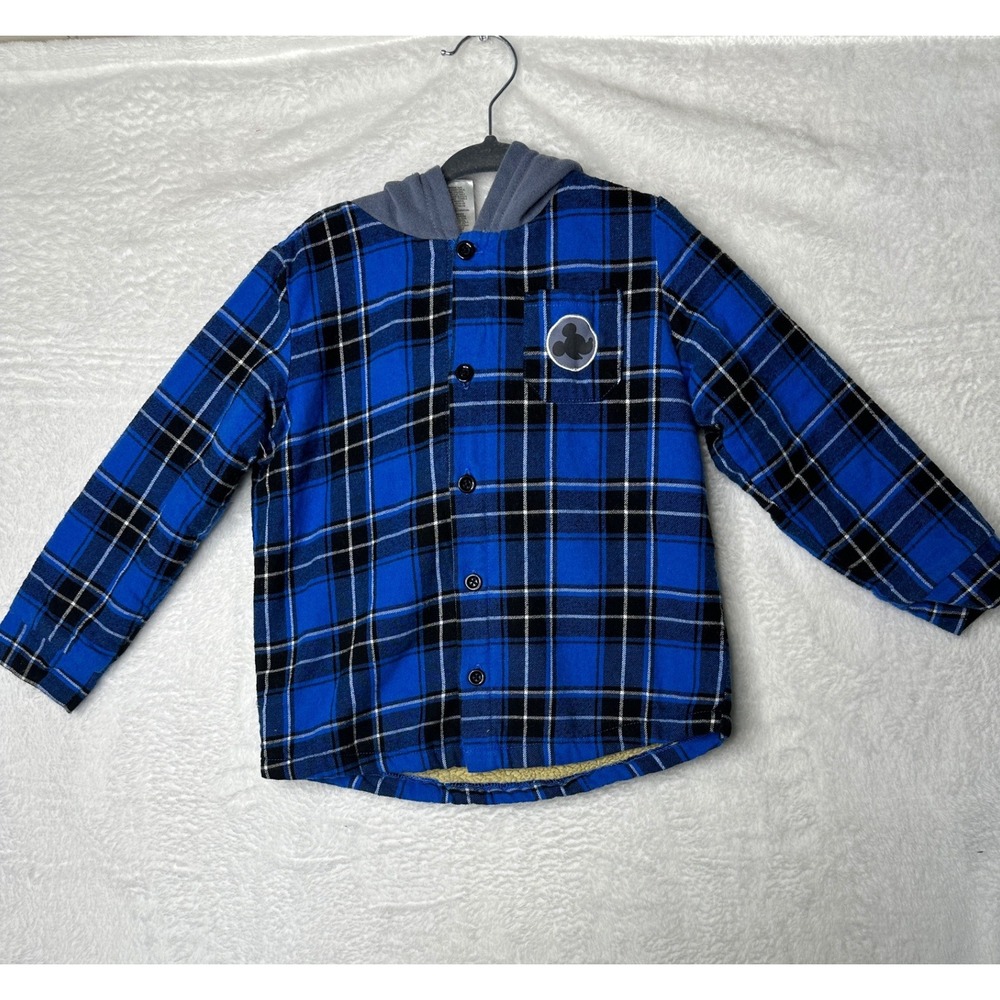 Disney Mickey Mouse Flannel Hoodie Boys 4T Blue Plaid Sherpa Lined Jacket